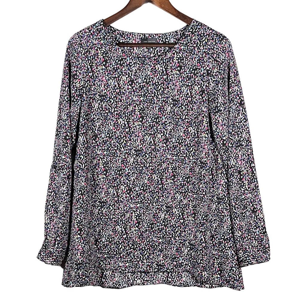 The Limited Womens Abstract Pebble Print Roll Tab Sleeve Blouse Black Multi S